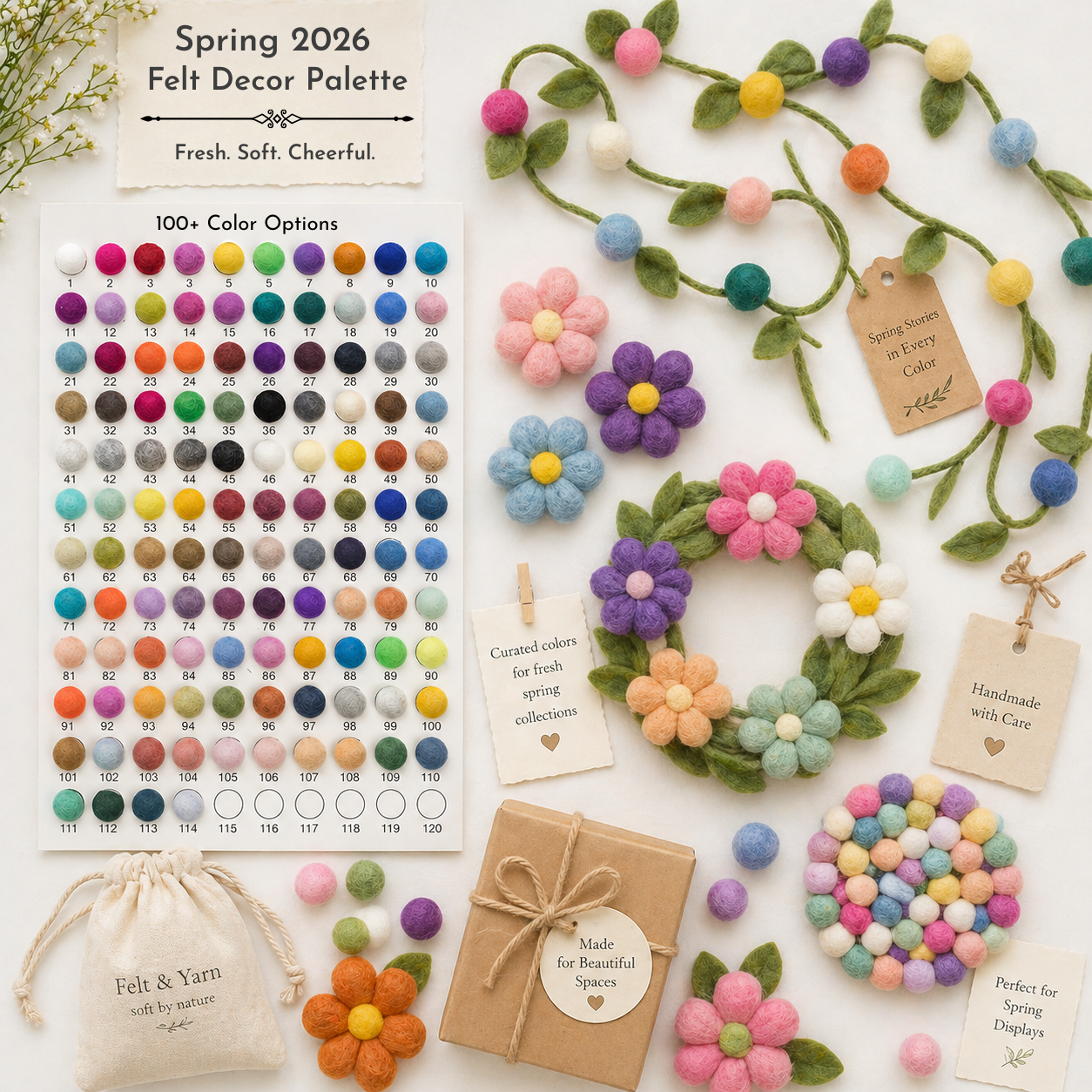 Curated color palette board featuring garlands, flowers, coasters, and felt balls